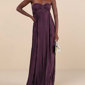 Whimsical Beauty Dark Purple Satin Plisse Strapless Maxi Dress